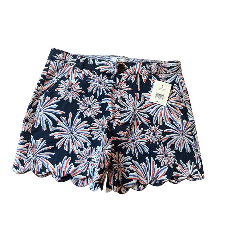 Crown & Ivy Girls Fireworks Floral Scalloped Hem Shorts Navy Red White Sz 12 NWT